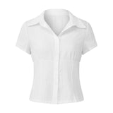 Button-Up Short-Sleeve Cropped Blouse