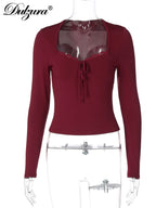 Square-Neck Lace-Up Long-Sleeve Top