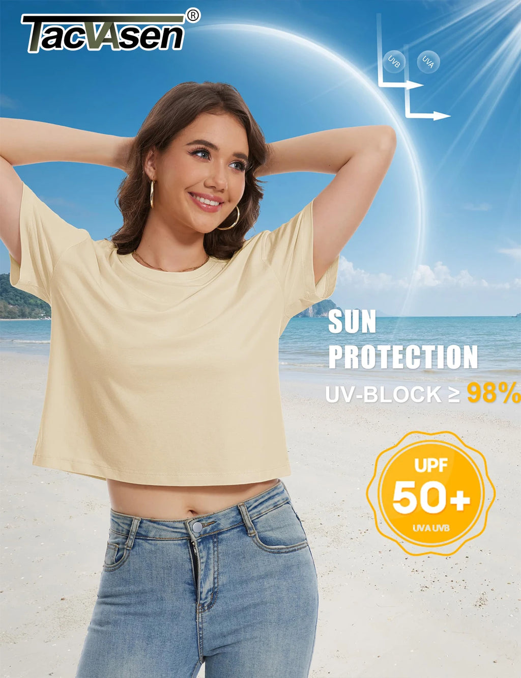 TACVASEN UPF 50+ Cropped Cotton T-Shirts Womens Summer Short Sleeve Casual Crew Neck Tops Breathable Sun UV Block Outdoor Tees