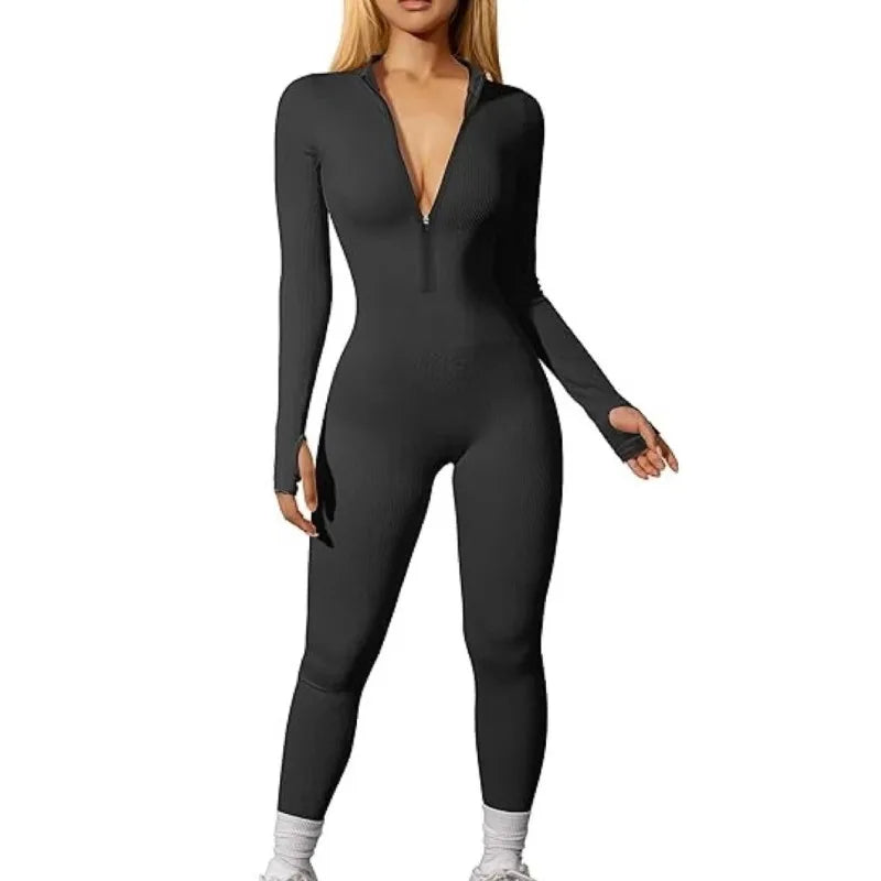 Ribbed Zip-Front Active Jumpsuit
