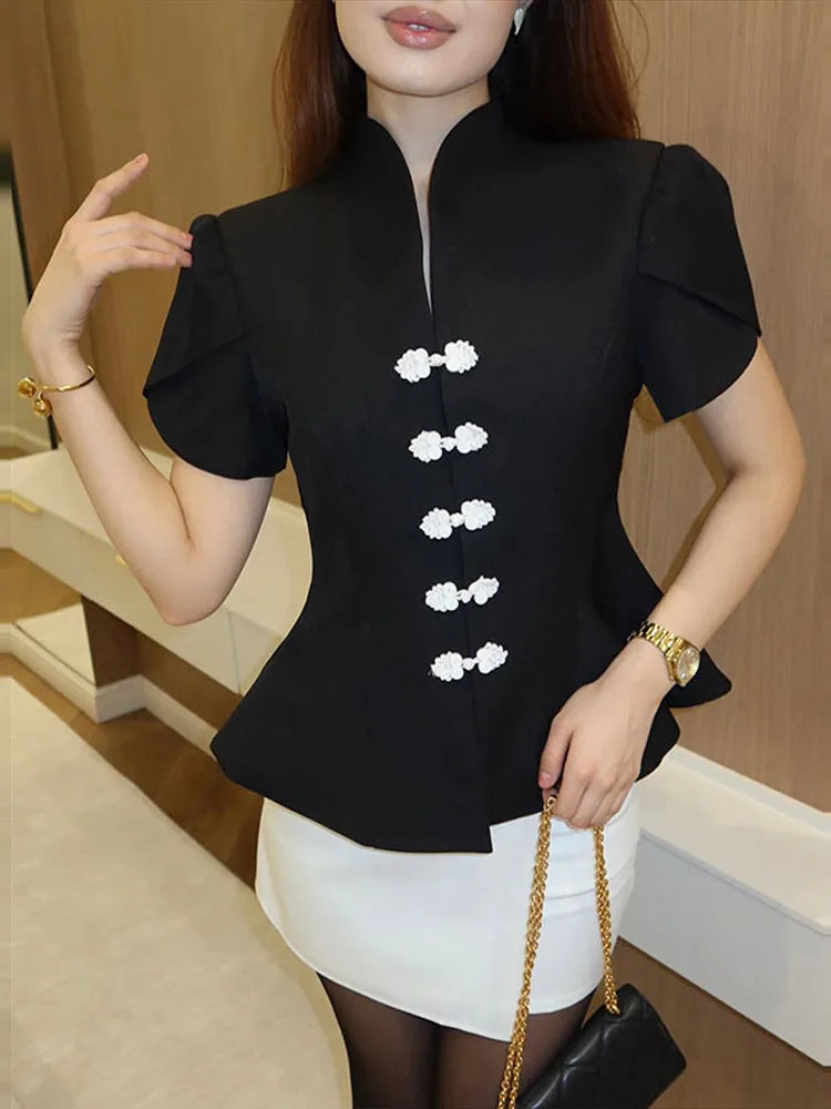Button-Up Puff-Sleeve Blouse
