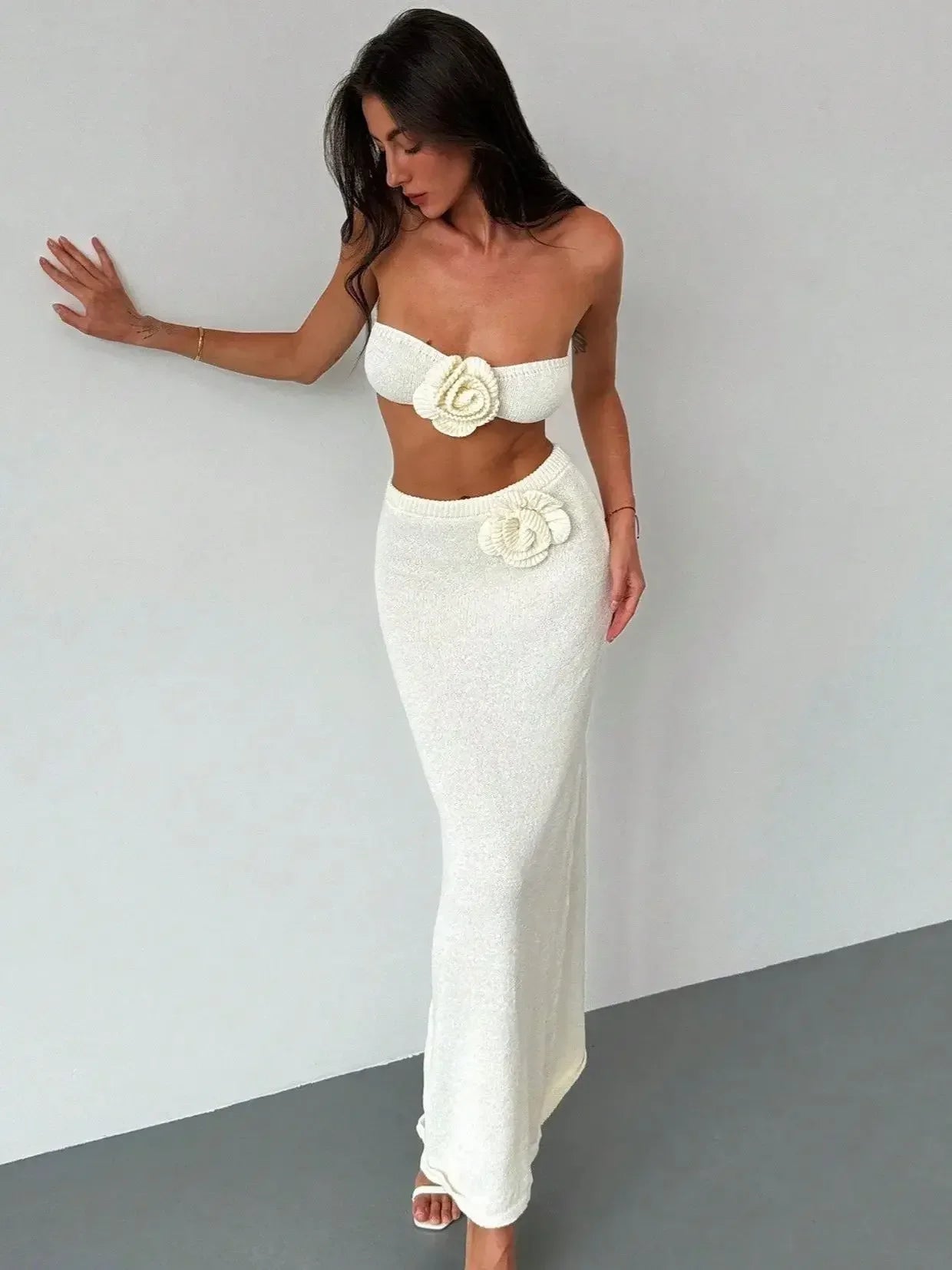 Crochet Flower Crop Top & Maxi Skirt Set