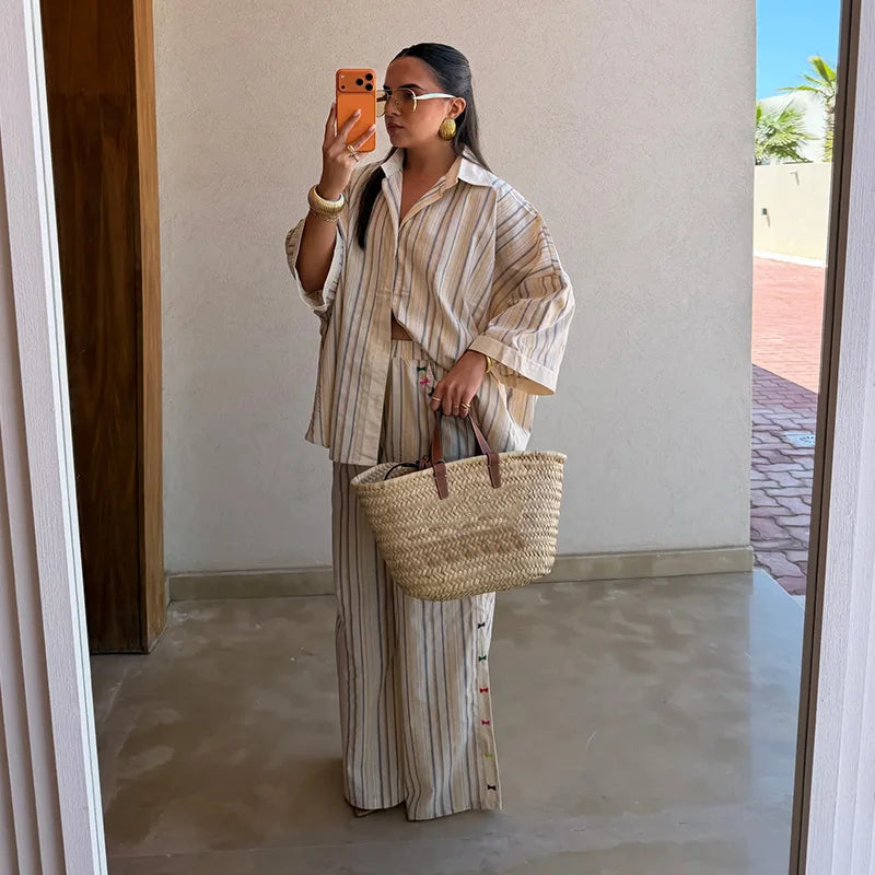 Striped Shirt & Wide-Leg Pants Set