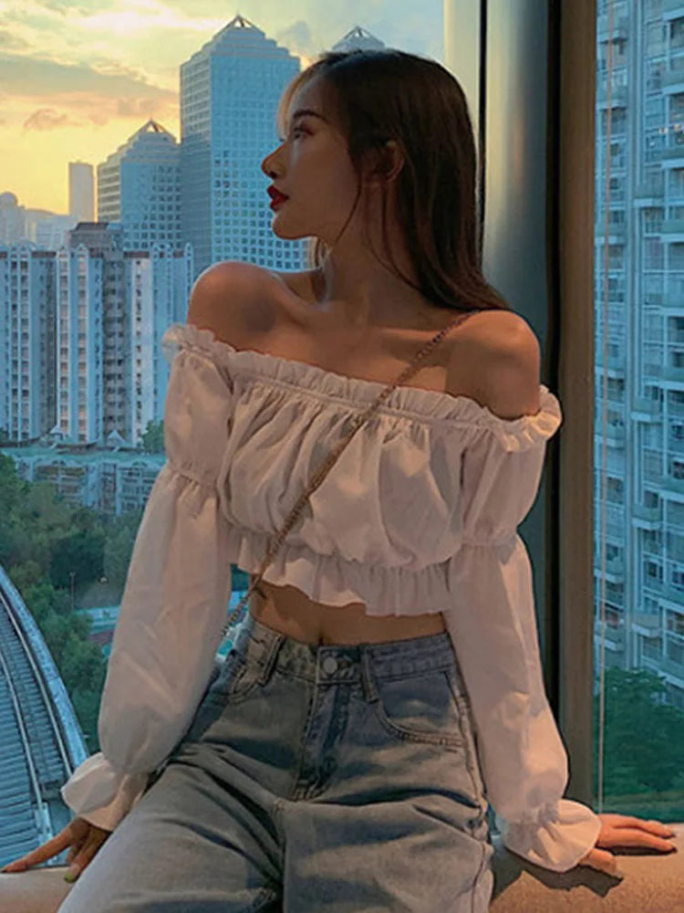 Ruffle Off-Shoulder Puff-Sleeve Crop Top