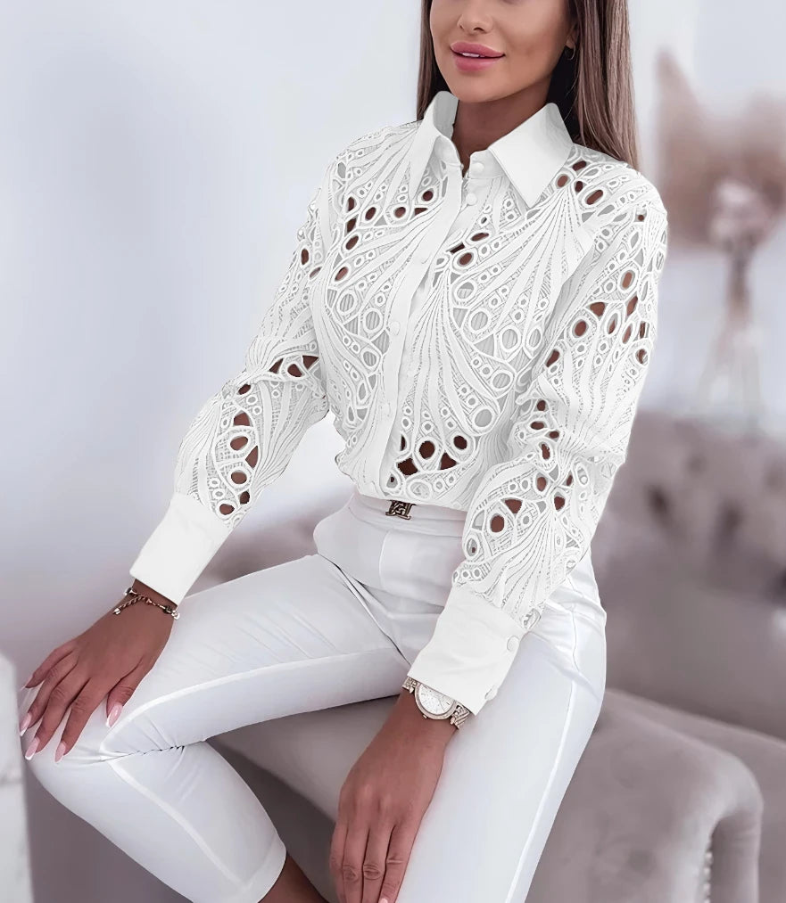 Button-Up Long-Sleeve Cut-Out Blouse