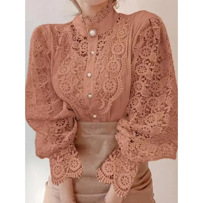 Lace High-Neck Long-Sleeve Blouse