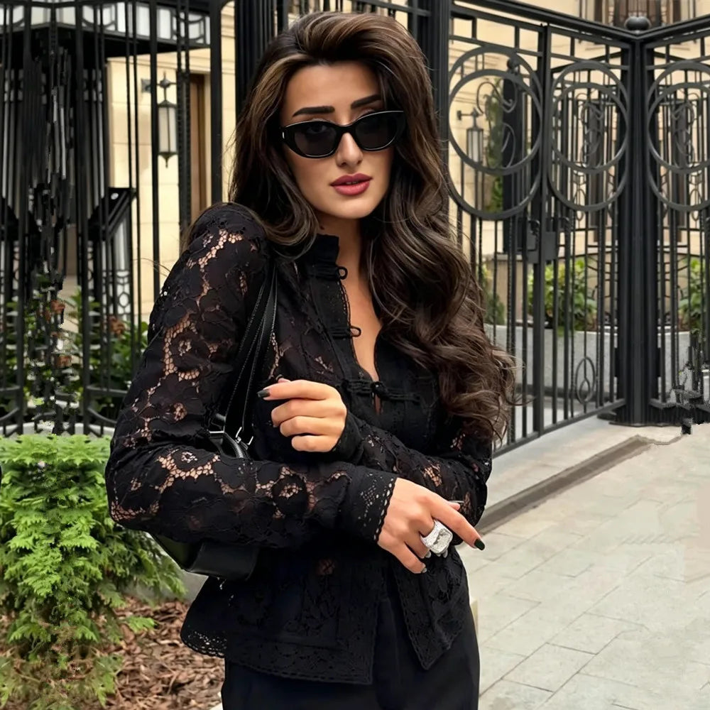 Embroidered Lace Puff-Sleeve Blouse