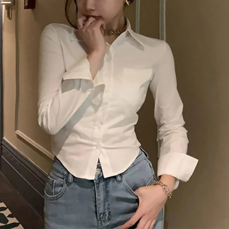 Chiffon Button-Up Long-Sleeve Cropped Blouse