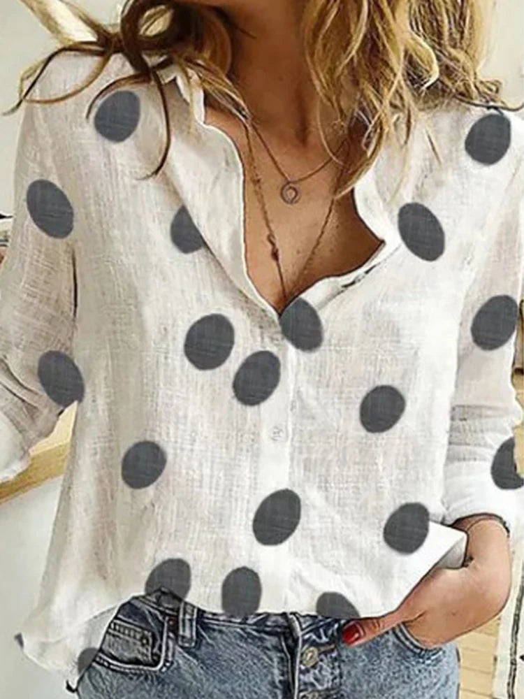 Cotton-Linen Button-Up Long-Sleeve Blouse