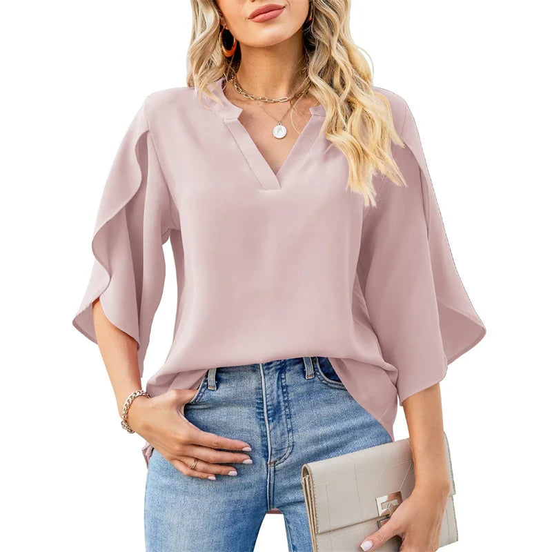 Aurelia Sun Chiffon Flare-Sleeve V-Neck Blouse – Black