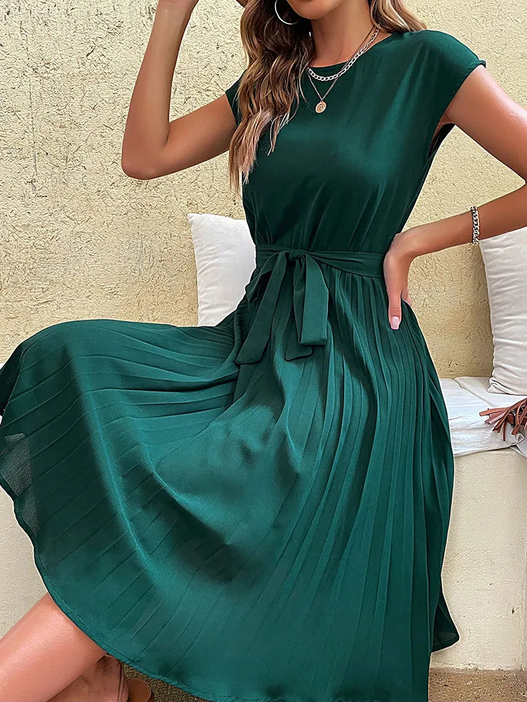Pleated Short-Sleeve Midi Dress