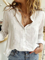 Cotton-Linen Button-Up Long-Sleeve Blouse
