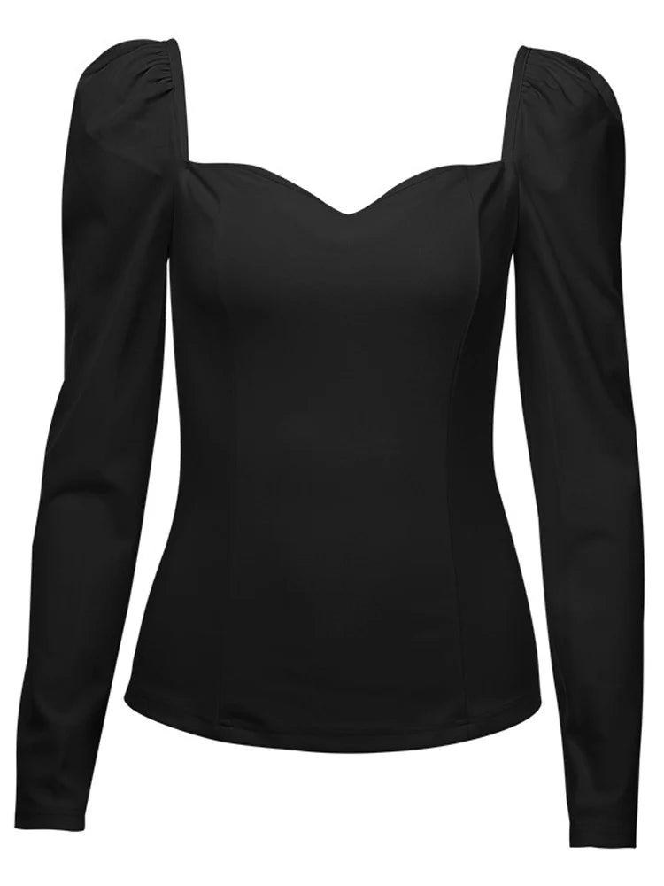 V-Neck Puff-Sleeve Slim-Fit Blouse