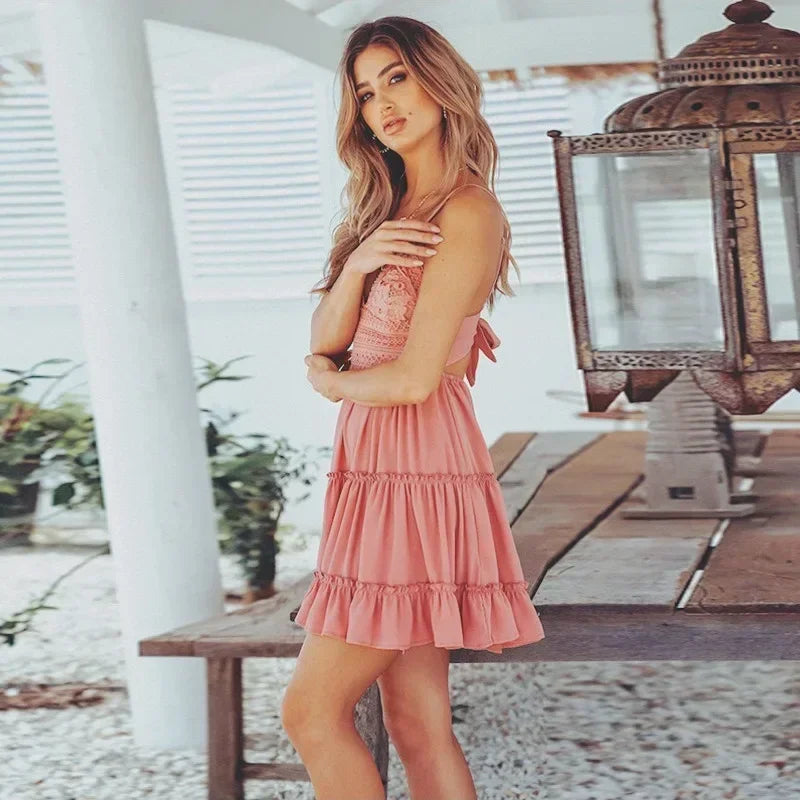 Aurelia Sun Lace-Trim V-Neck Mini Dress – Pink