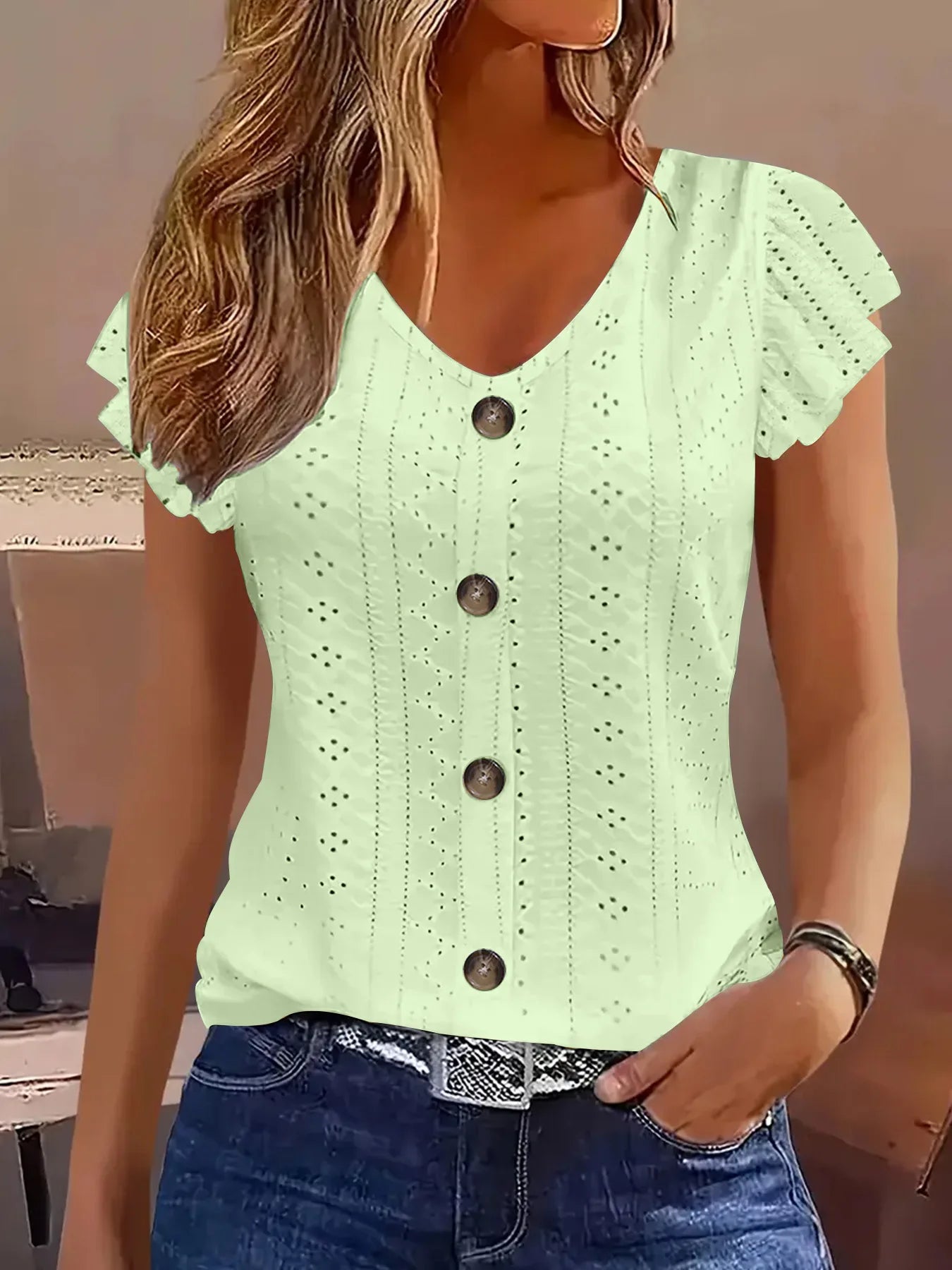 Ruffle V-Neck T-Shirt