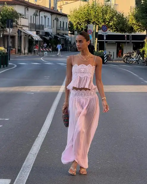 Lace Crop Cami & Wide-Leg Pants Set