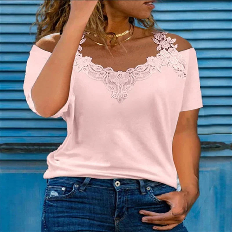 Lace Off-Shoulder V-Neck T-Shirt