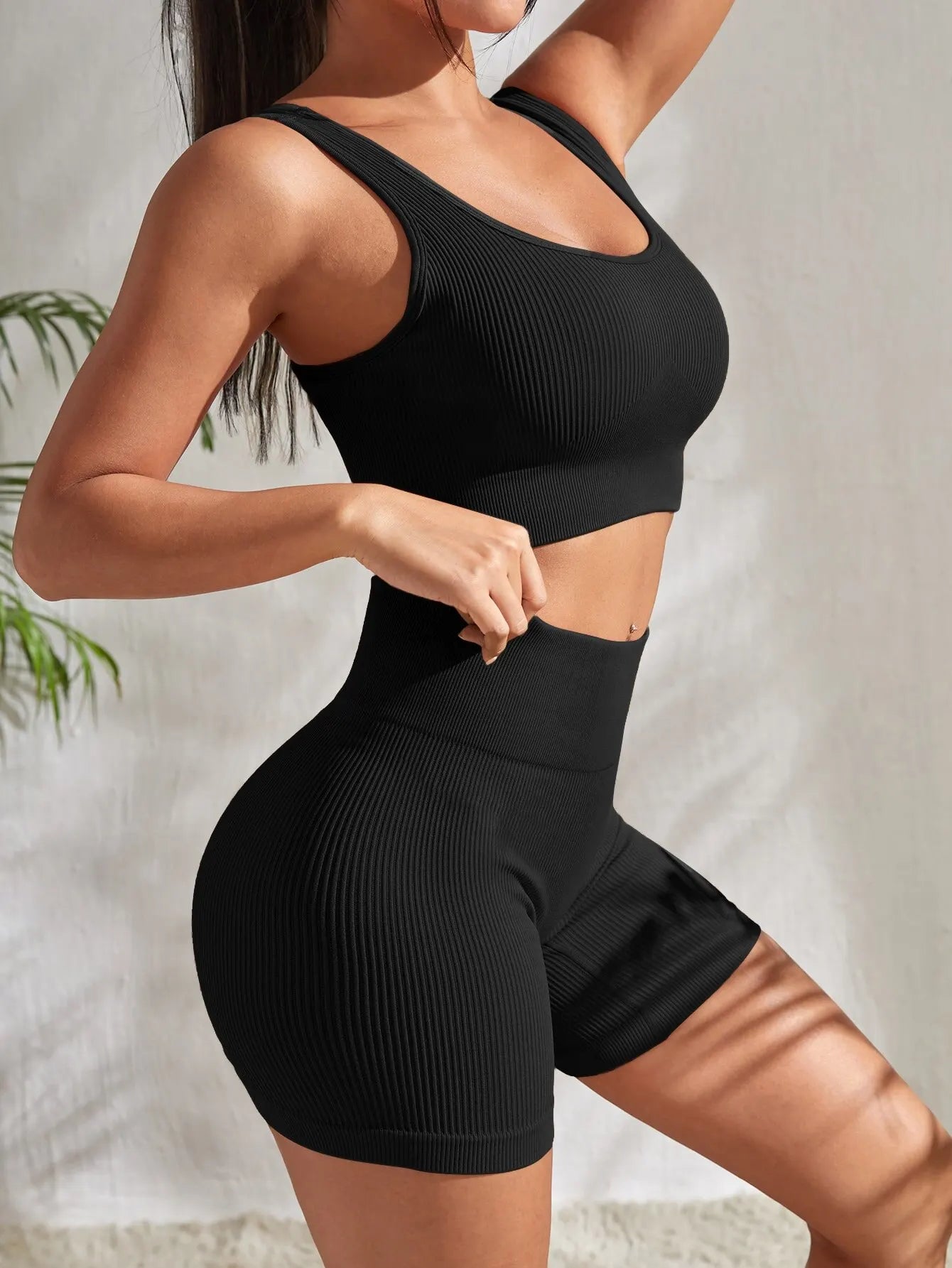 Aurelia Sun Ribbed Crop Top & Shorts Set – Black – image 10