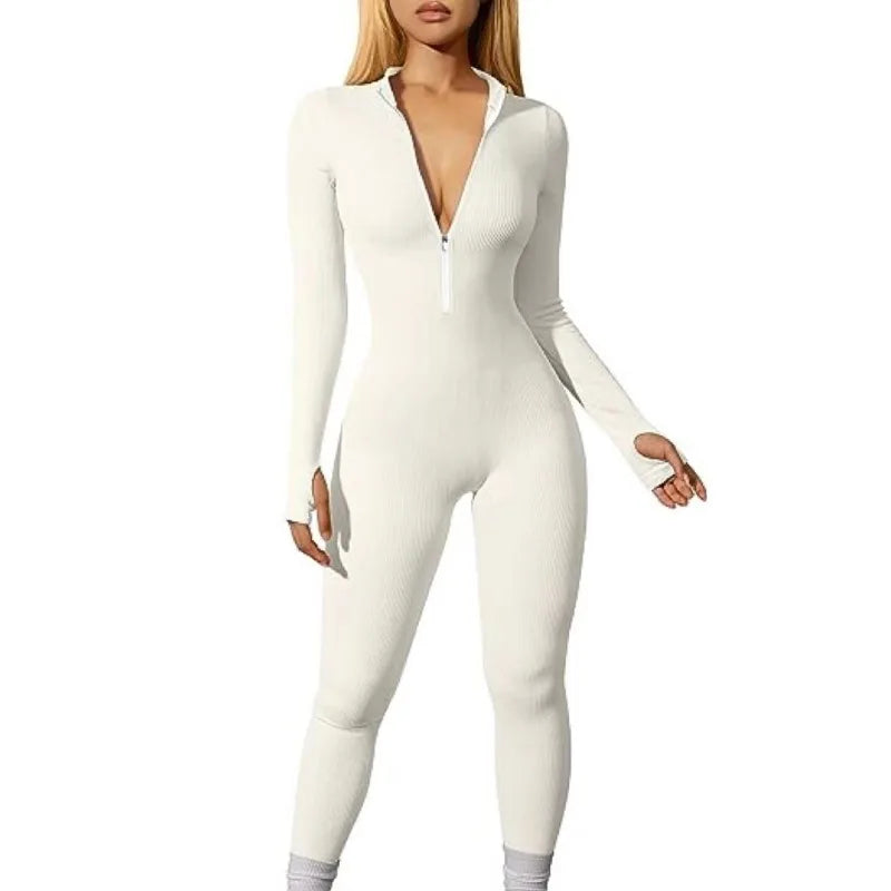 Ribbed Zip-Front Active Jumpsuit
