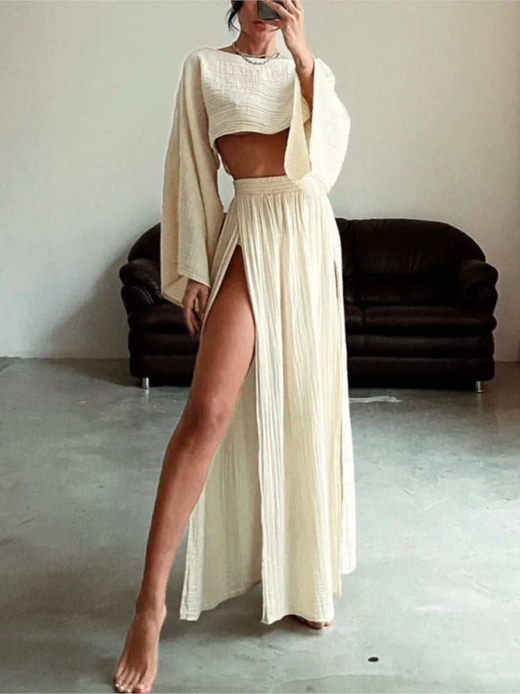 Linen Crop Top & Split Skirt Set