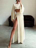 Linen Crop Top & Split Skirt Set