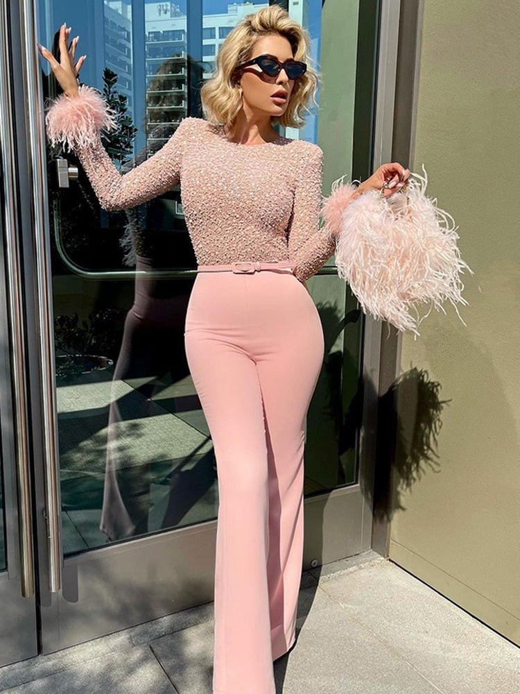 Sequin Feather Wide-Leg Jumpsuit