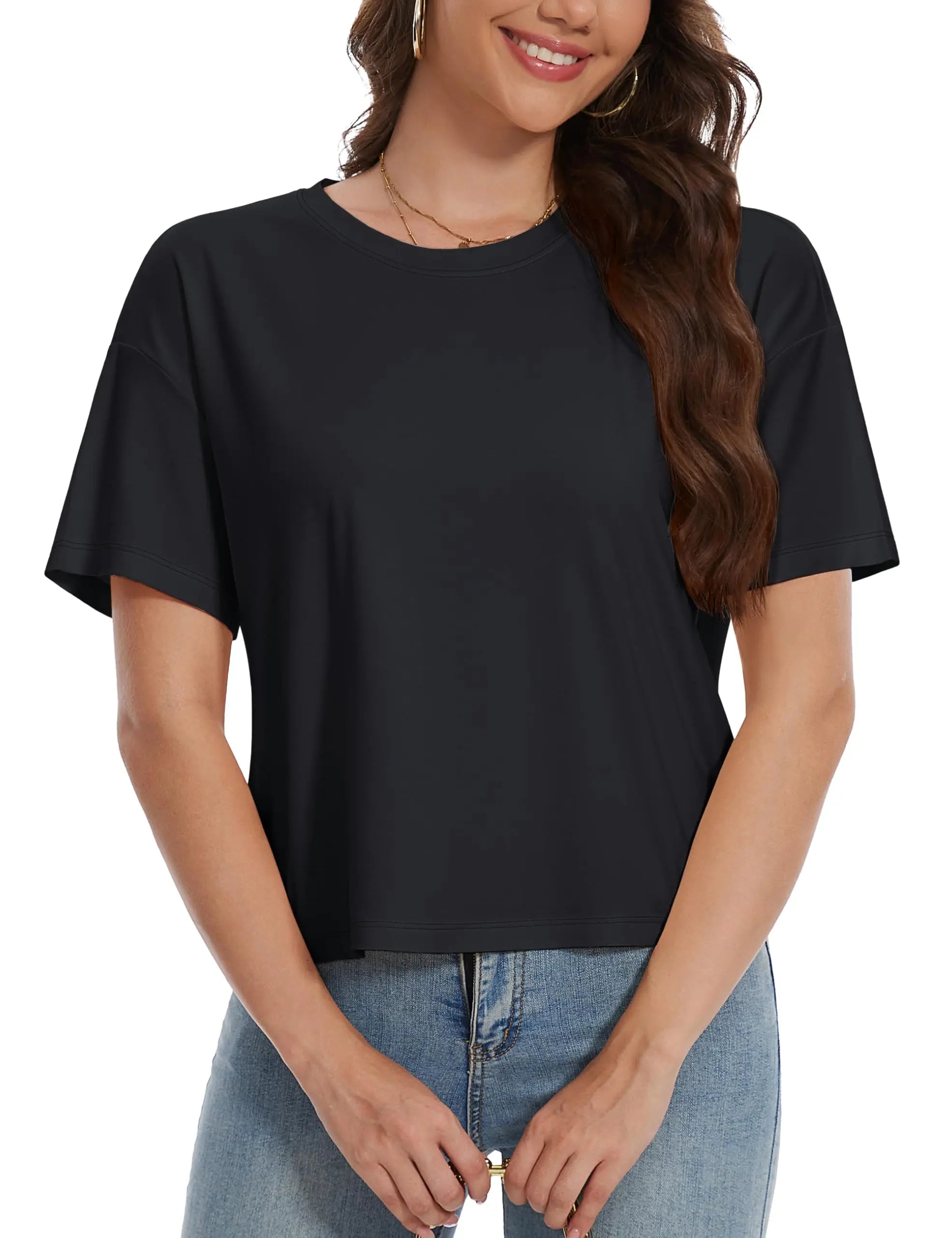 TACVASEN UPF 50+ Cropped Cotton T-Shirts Womens Summer Short Sleeve Casual Crew Neck Tops Breathable Sun UV Block Outdoor Tees