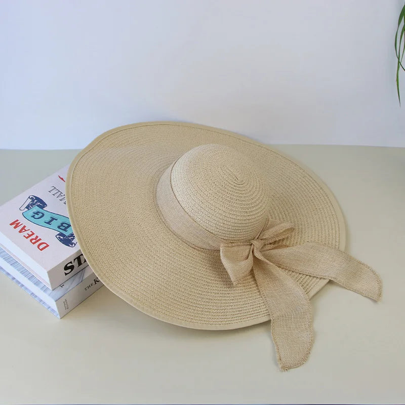 Bow-Trim Floppy Straw Sun Hat