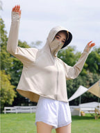 Summer Women's Sun Protective Clothing Breathable Traveling Brim Ponytail Hole Sun Hoodie Detachable Shopping Long-Sleeved Shirt