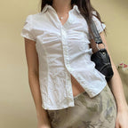 Button-Up Short-Sleeve Cropped Blouse