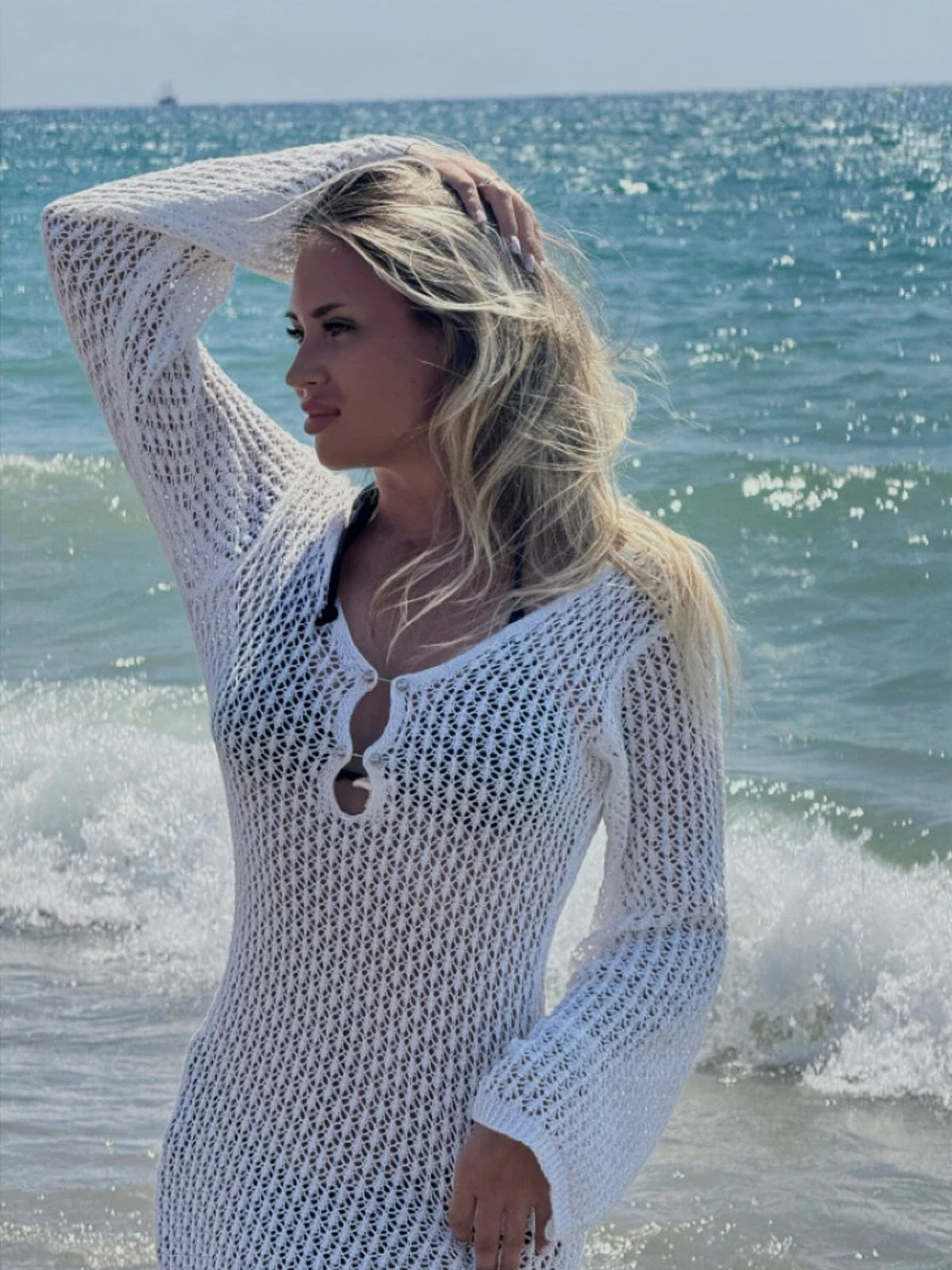 Long-Sleeve Knit Beach Mini Dress