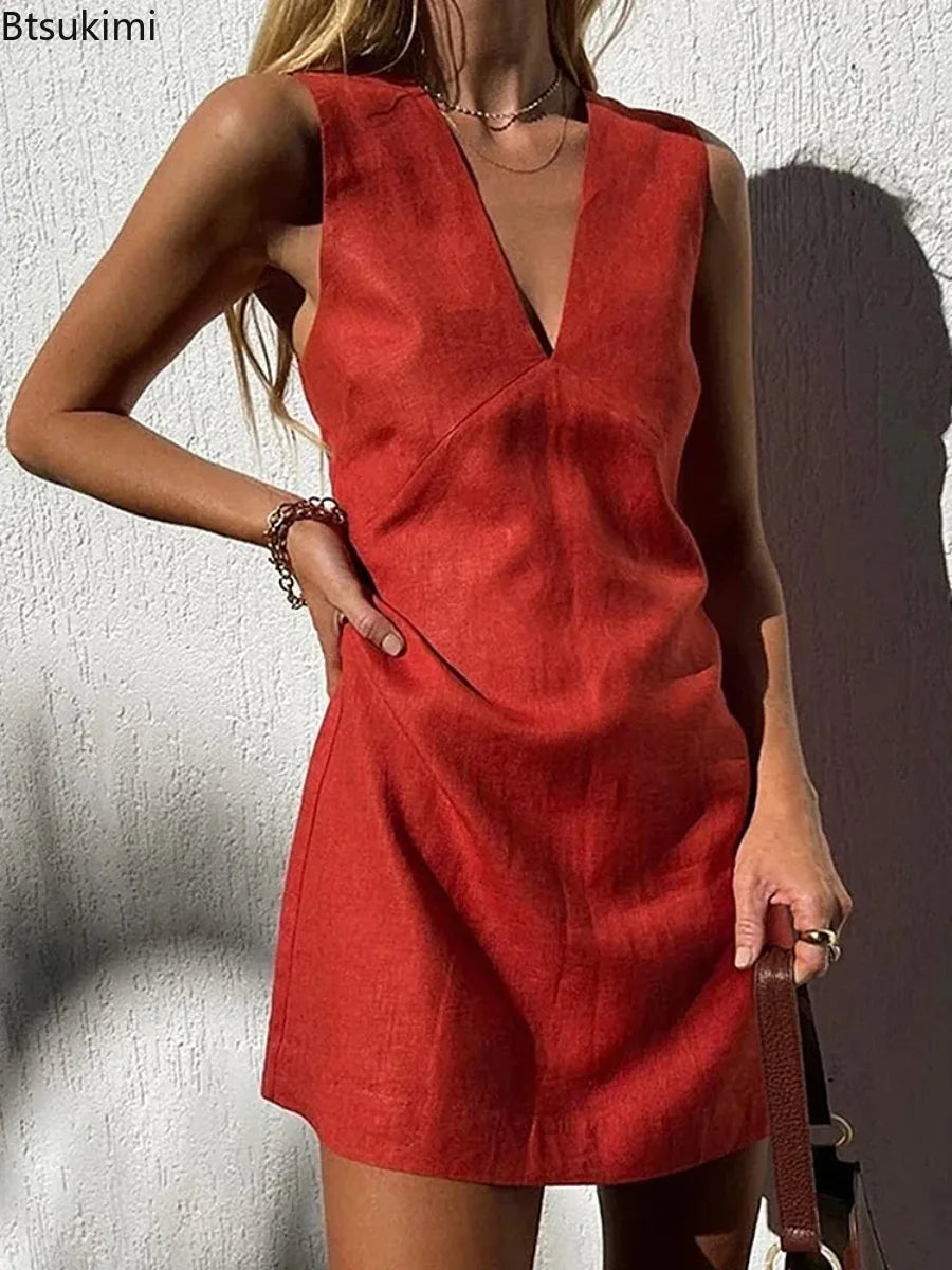 Linen-Look V-Neck Mini Dress