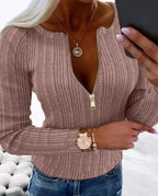 Liora Semi Sheer Zip Front Blouse in Brown by Aurelia Sun