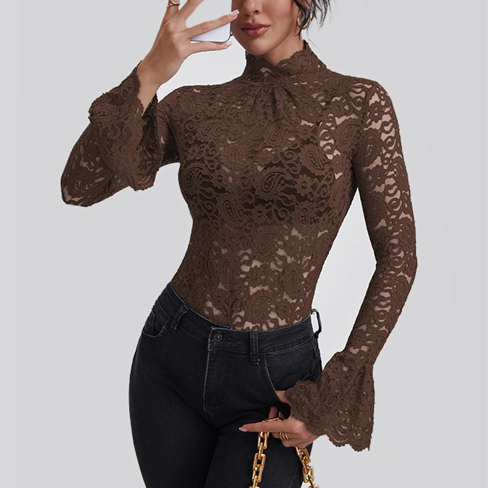 Sienna Lace High-Neck Long-Sleeve Blouse