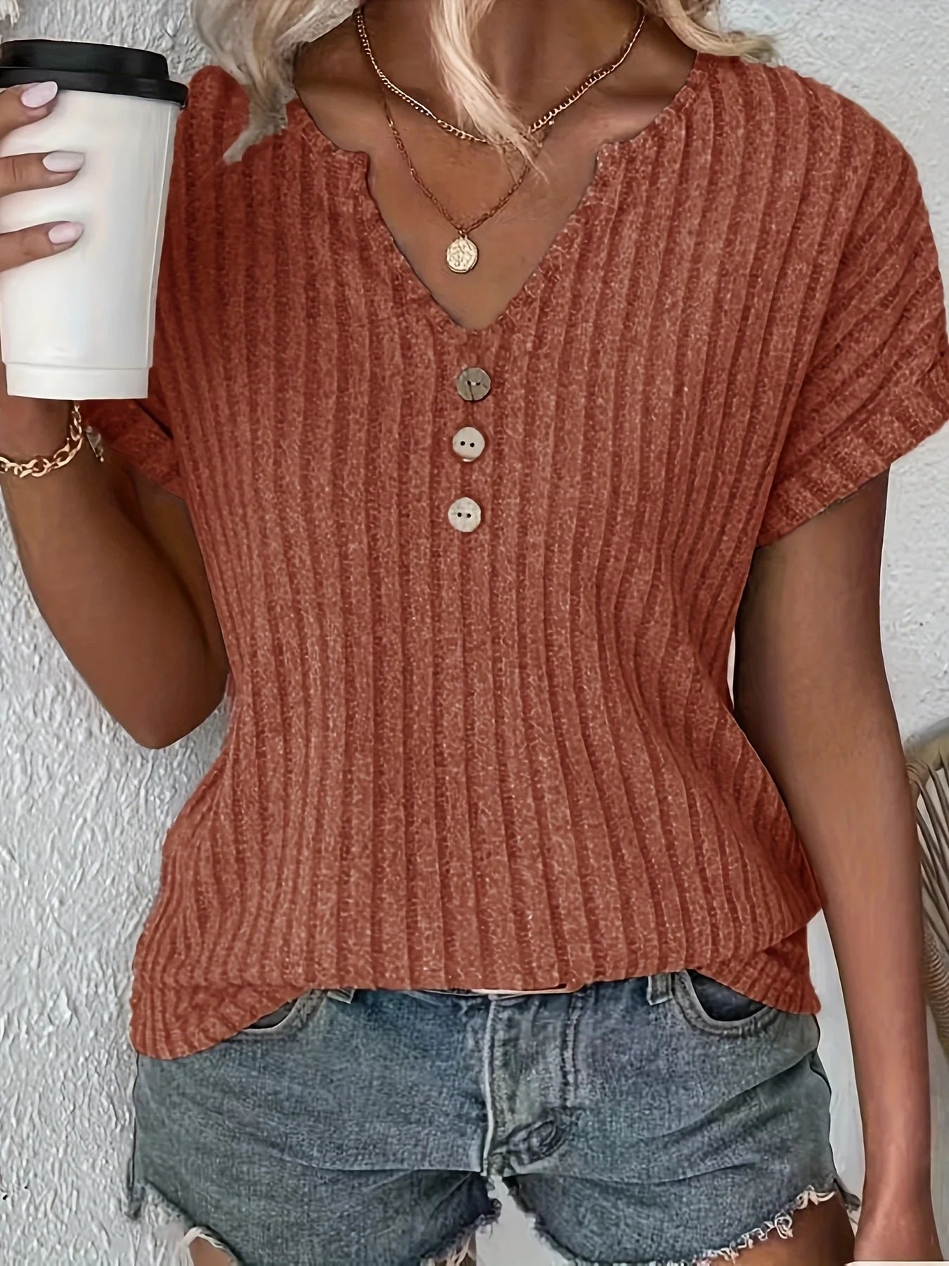 Plus-Size Button-Up V-Neck T-Shirt