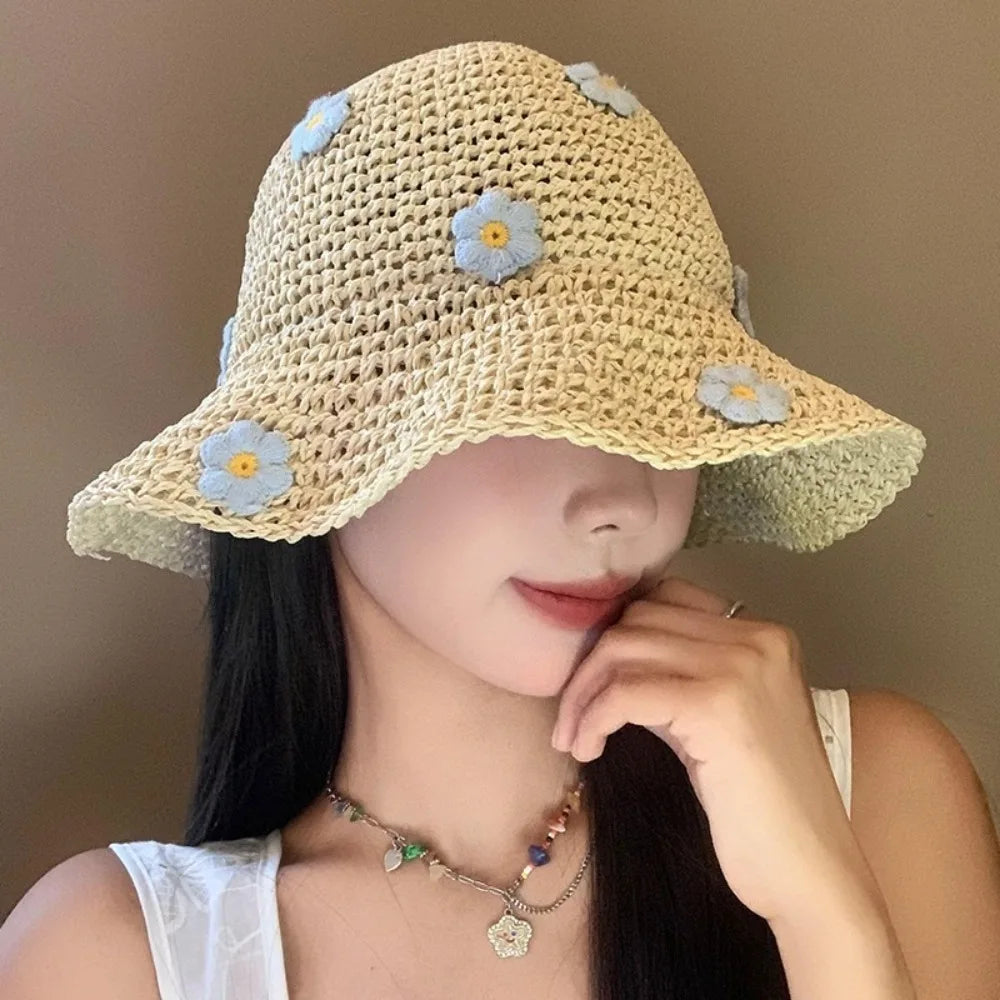 Floral Foldable Straw Bucket Hat