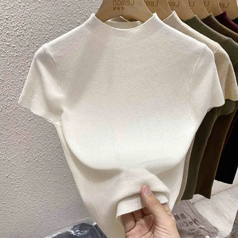 Fine-Knit Short-Sleeve Sweater