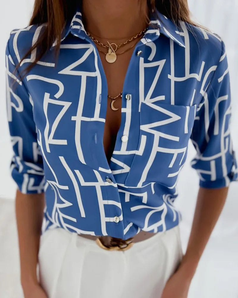 Striped Printed Long-Sleeve Blouse
