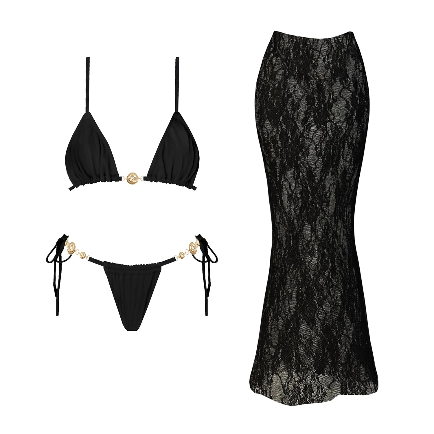 Button-Detail Bikini & Lace Skirt Set