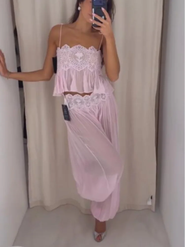 Lace Crop Cami & Wide-Leg Pants Set