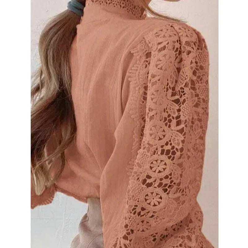 Lace-Panel High-Neck Blouse