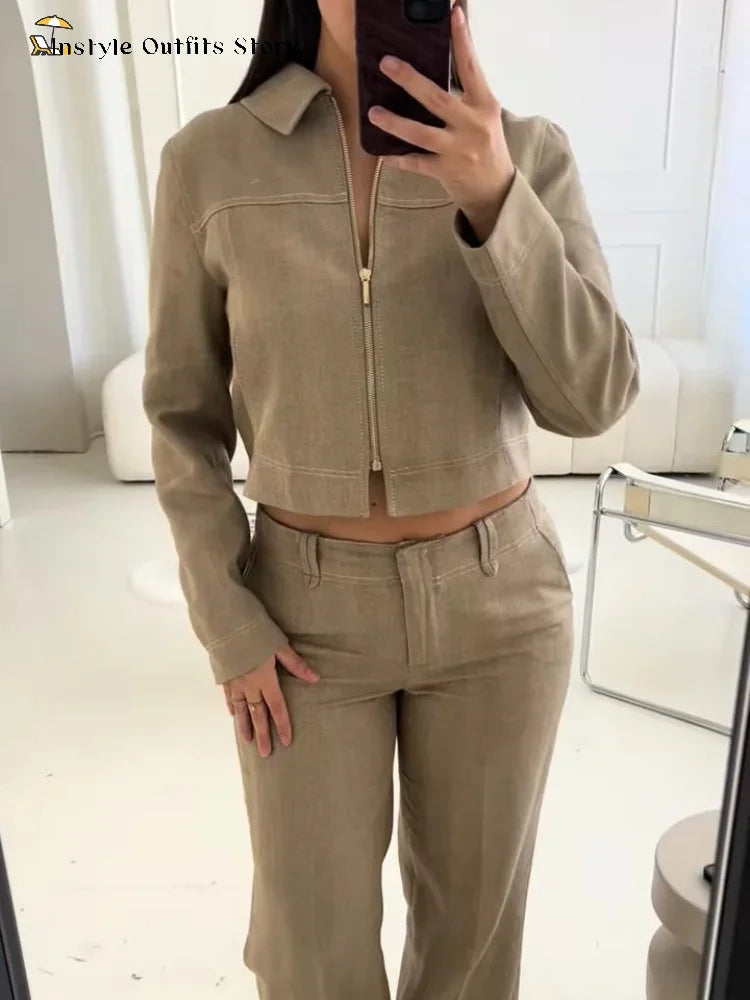 Zip-Collar Crop Top & Straight Pants Set