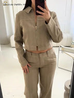 Zip-Collar Crop Top & Straight Pants Set