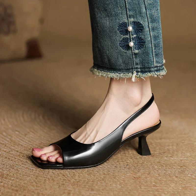 Leather Square-Toe Slingback Heels