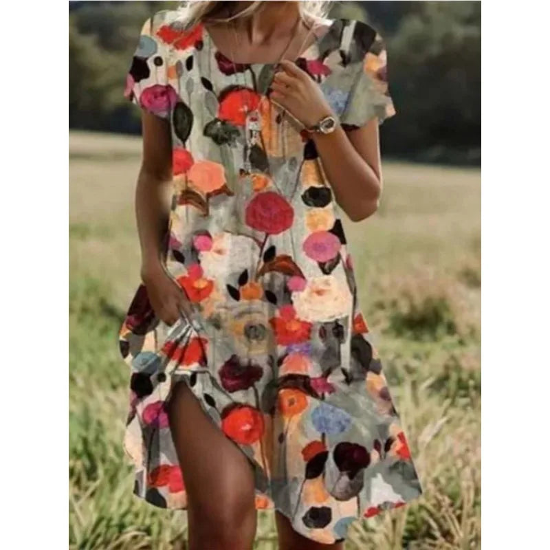 Printed Round-Neck Midi Dress