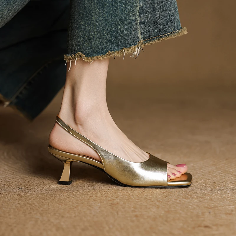 Leather Square-Toe Slingback Heels