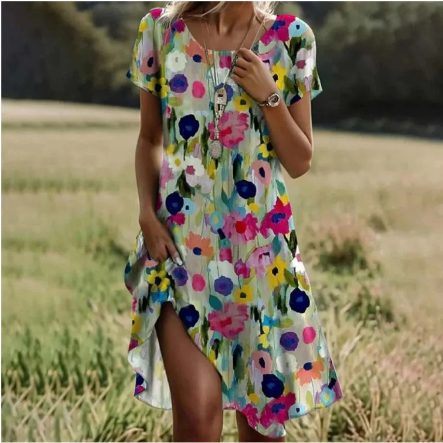 Printed Round-Neck Midi Dress