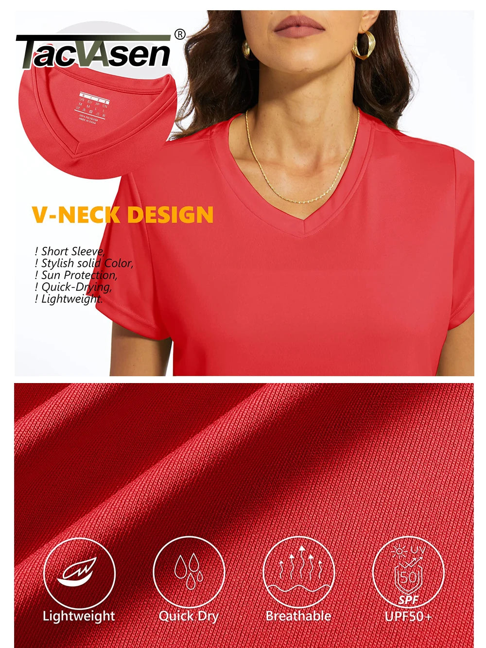 TACVASEN UPF 50+ Summer Short Sleeve V-Neck T-shirts Womens Sun Protection T-shirts Quick Dry Hiking Running Tee Shirts Tops