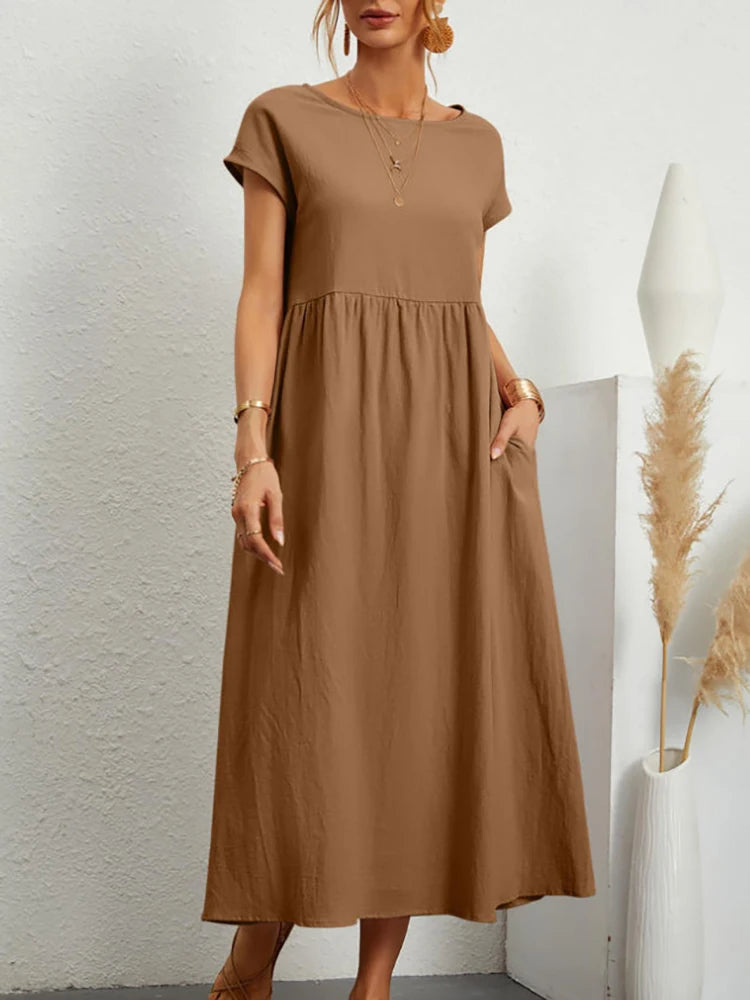 Cotton-Linen Short-Sleeve Maxi Dress