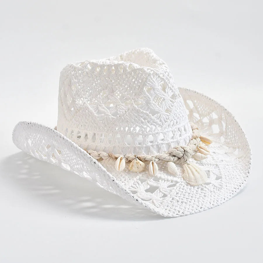 Shell-Trim Woven Straw Sun Hat